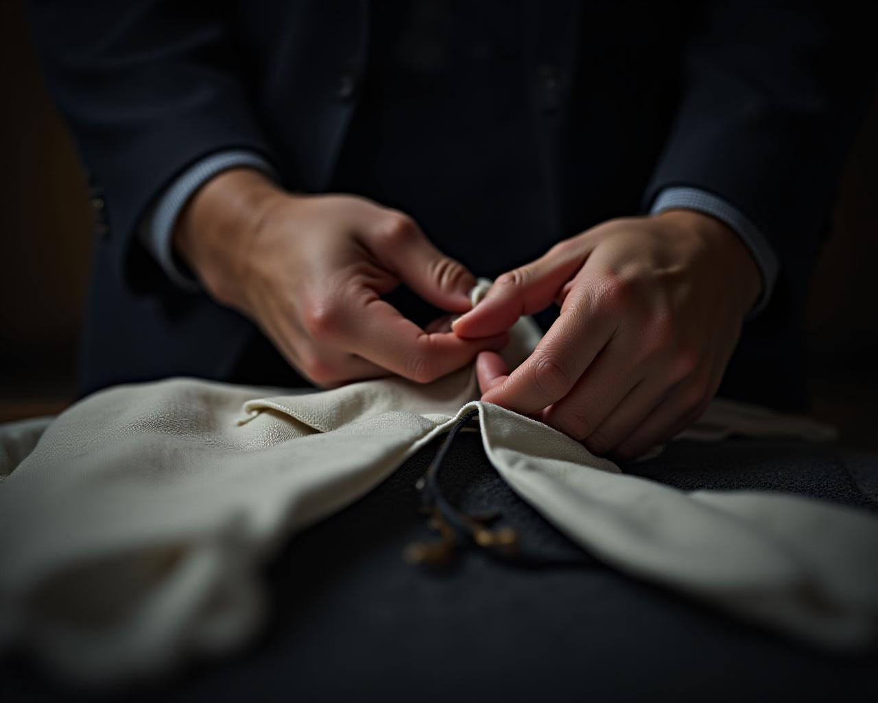 Artigiano italiano al lavoro su un tessuto di lino